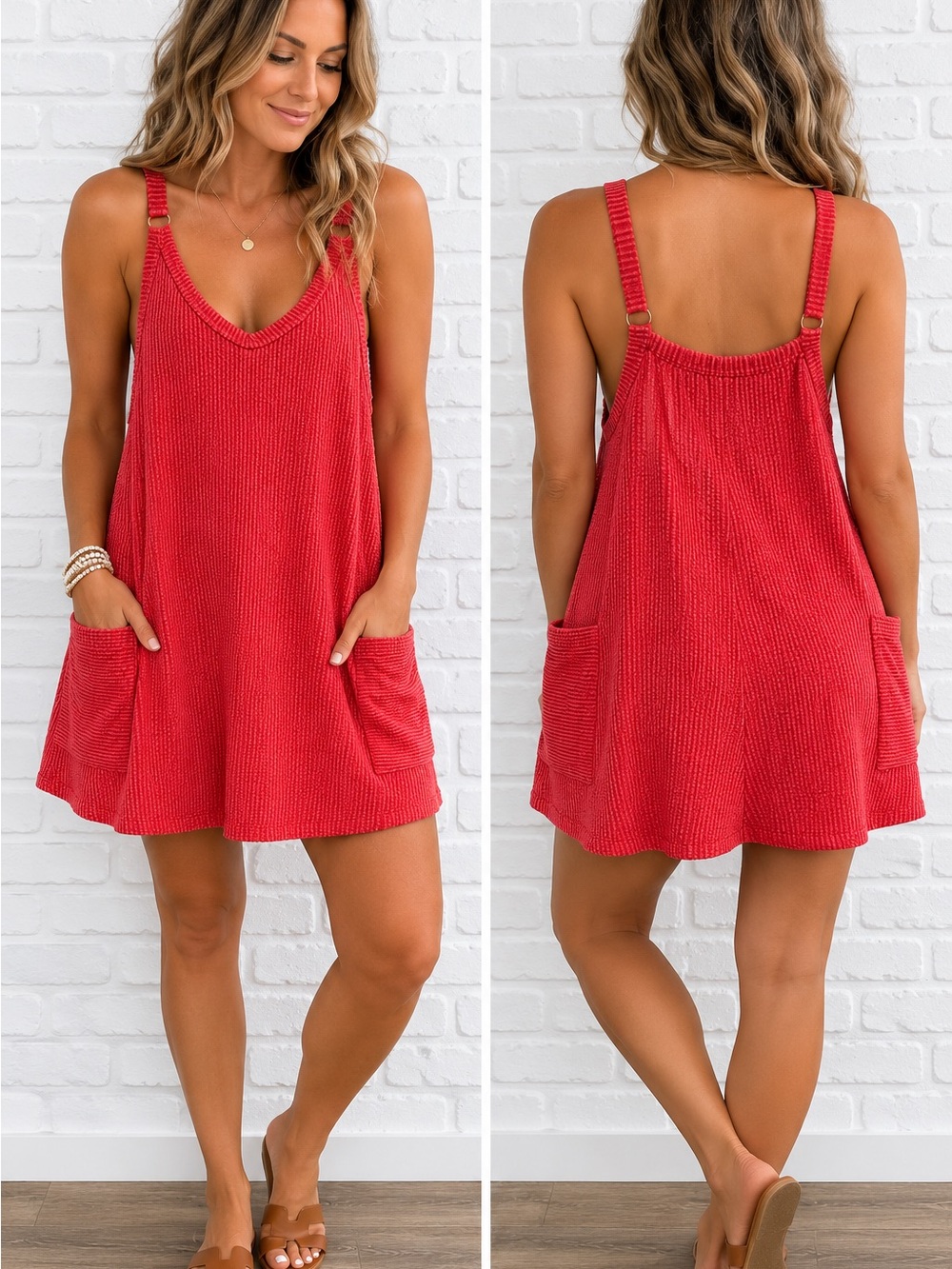Wasabi + Mint Red Ribbed Romper Dress Skort Pockets Adjustable Straps M